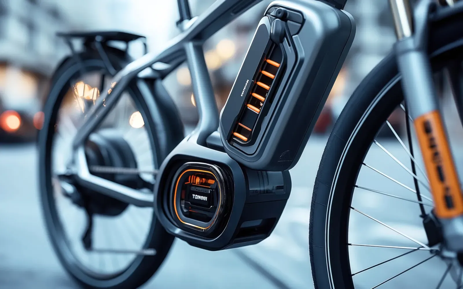 Närbild på batteri och motor på en elcykel i stadsmiljö